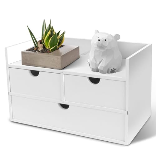 Charmewooden Bamboo Desk Organizer 3 Drawer with Shelf, Countertop Organizer with Drawers Makeup Storage Drawer 3 Drawers Tabletop Storage Organization Box Home Office Workspace（White） - color: White with shelf