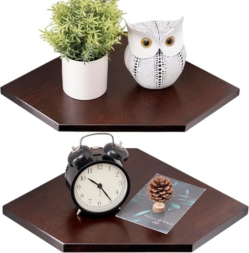 Corner Wall Shelves, Corner Floating Shelves Set of 2 Solid Oak Wood Display Shelf with Wire Hole Small Plant for Kitchen Living Room Dark Walnut 13.5inch - color: Dark Walnut, size: 13.2inch(2PCS)