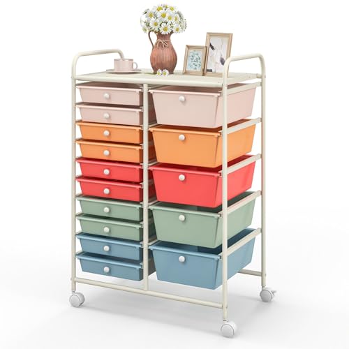 DREAMADE Rolling Cart with 15 Drawers, Rolling Drawer Organizer Cart w/Lockable Wheels, Removable & 2-Sized Storage Drawers, Art Cart for School Home Art Supplies Crafts File Scrapbook - color: Macaron, size: 25"L x 14.5"W x 34.5"H