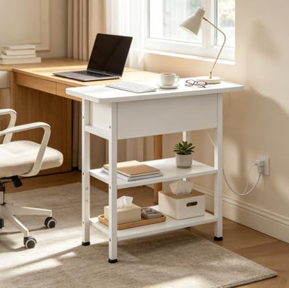 WLIVE 3-Tier End Table with Charging Station, Flip Top Side Table with Storage Shelf, Sofa Couch Table with USB Ports and Outlets, Narrow Bedside Table for Living Room, Bedroom - color: White