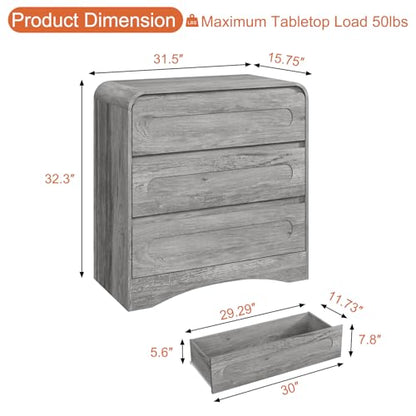 32" Large Nightstand, 3 Drawer Nightstand with Spacious Drawers | Pre-Installed Slides, Wood Bedside Table, Modern End Table, Curved Night stand for Bedroom Sofa Couch Office, Grey - color: Grey, size: 3 Drawer