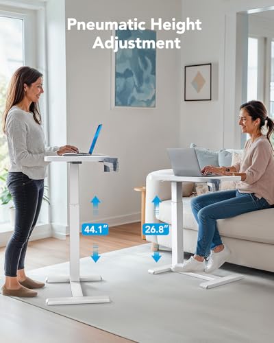HUANUO 28Inch Bedside Table with Wheels, Height-Adjustable Rolling Computer Cart, Overbed Table with Cup Holder, Pneumatic Laptop Standing Desk for Home Office, White - color: White, size: Small-28 Inch