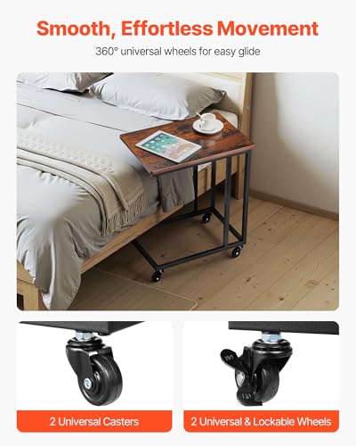 VEVOR C Table, C Shaped Sofa Side Table with Metal Frame Rolling Casters, Portable C Shaped End Stand for Living Room Bedroom Office, 19.69 x 13.78 x 23.82 inches Laptop Side Tables, Brown and Black - style: Normal