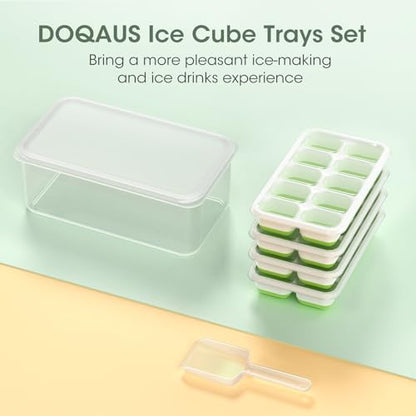 DOQAUS Ice Cube Tray with Lid and Bin - 4 Pack Silicone Ice Cube Trays for Freezer, Stackable Ice Bucket Kits with Storage Container & Scoop for Kitchen, RV, Cocktail, Coffee - color: Green