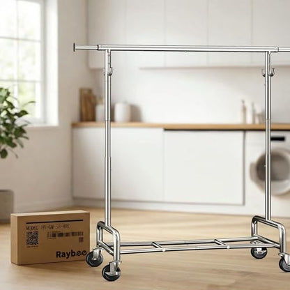 Raybee 75"Wide Clothes Rack with 4 Extra Hooks Sturdy Rolling Clothing Rack | 450LBS Capacity, Stainless Steel, Extendable Hanging Rod, 360° Lockable Wheels, Height Adjustable, 15-Min Tool-free Assembly - color: Chrome, style: Rod Shelf