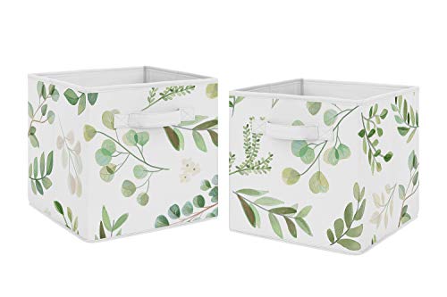 Sweet Jojo Designs Floral Leaf Foldable Fabric Storage Cube Bins Boxes Organizer Toys Kids Baby Childrens - Set of 2 - Green and White Boho Watercolor Botanical Woodland Tropical Garden - color: Green Botanical