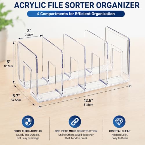 Lawei 4 Pack Acrylic File Sorter, 4-Section Clear Desktop File Folder Holder Organizer, Thick Office Storage Stand Rack for Book, Envelopes, Mail, Document, Notebook, Binder, Purse, Clutch Divider