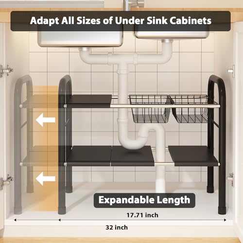 Expandable Under Sink Organizer, 2 Tier Under Sink Shelf | With 2 Removable Baskets and 6 Removable Panels, For Cabinet Sink Cloakroom Wardrobe Closet Storage, Black, 17.71”-32”Length
