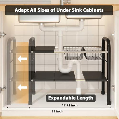 Expandable Under Sink Organizer, 2 Tier Under Sink Shelf | With 2 Removable Baskets and 6 Removable Panels, For Cabinet Sink Cloakroom Wardrobe Closet Storage, Black, 17.71”-32”Length