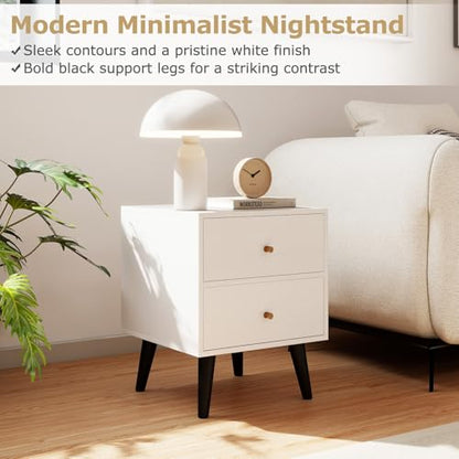 GOFLAME Nightstand with 2 Drawers, Mid-Century Modern Bedside Table with Storage, Elevated Legs & Golden Knobs, Wooden, Small Sofa Side End Table, Compact Night Stand for Bedroom, White (1)
