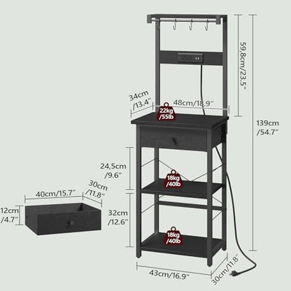 MAHANCRIS Bakers Rack with Drawer, Microwave Stand with Power Outlet, Coffee Bar Station with 4 Hooks, Kitchen Storage Shelf Rack 4 Tiers, for Kitchen, Dining Room, Black BRBK48E01 - color: Black