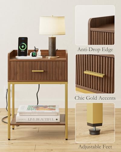 Nightstand with Charging Station, 3-Tier Bed Side Table, Small End Table, Night Stand with Open Shelf and Drawer, Bedside Table for Bedroom, Living Room, Walnut - color: Walnut, style: With Charging Station