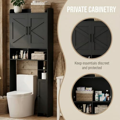 Homhedy Wooden Over The Toilet Storage Cabinet with Barn Door | Freestanding Bathroom Storage, Toilet Paper Holder, Adjustable Shelf,Space-Saving, Farmhouse Style, Black - color: Black