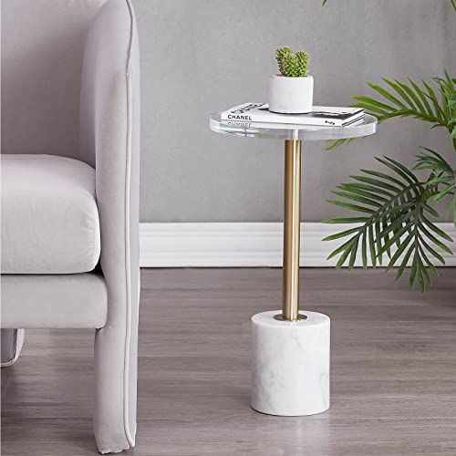 Small Clear Acrylic End Table, Marble Base Gold Leg Modern Nightstand | Acrylic Side Table with Marble Base & Gold Support Post, Accent Furniture for Drinks Snacks, Bedroom Living Room Office - color: Whtie