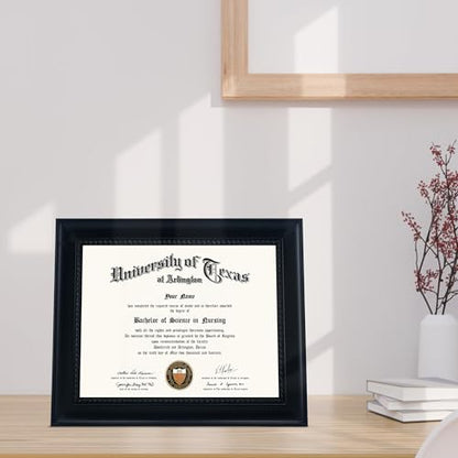GMFrames Solid Wood Diploma Degree Frame for 8.5x11 Certificates,Black Finish with Intricate Black Rope Detail,UV Protection Acrylic - color: Black, size: 8.5x11