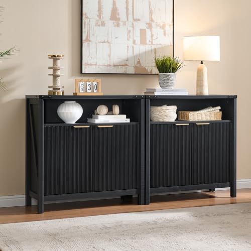 BuildHom 32 Inch Fluted Sideboard Buffet Cabinet with Storage Black Oak | Coffee Bar Cabinet with Open Shelf and 5-Level Adjustable Shelves, Farmhouse Storage Cabinet for Kitchen and Dining Room - color: Black Oak