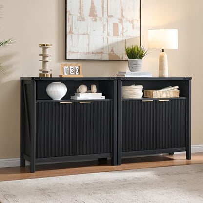 BuildHom 32 Inch Fluted Sideboard Buffet Cabinet with Storage Black Oak | Coffee Bar Cabinet with Open Shelf and 5-Level Adjustable Shelves, Farmhouse Storage Cabinet for Kitchen and Dining Room - color: Black Oak