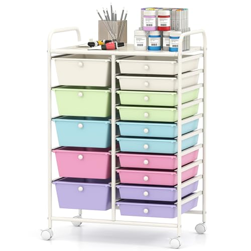 GLACER 15 Drawers Rolling Storage Cart, Steel Frame Craft Organizer Cart | Utility Cart with Wheels & Handle, Mobile Art & Tool Supply Trolley for Teacher, Home, School, Office (Pastel Ice Cream) - color: Pastel Ice Cream, size: 15 Drawers (5 Big +10 Smal