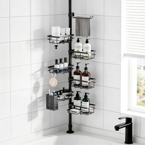 Shower Caddy Organizer Tension Pole, Corner Shower Shelves Bathroom Storage | 6 Tier Shelf, Rustproof 30-120’’ Adjustable, Towel Bar&Soap Dish for Bathroom Organizers, Shower Rack for Inside Shower,Black - color: Black
