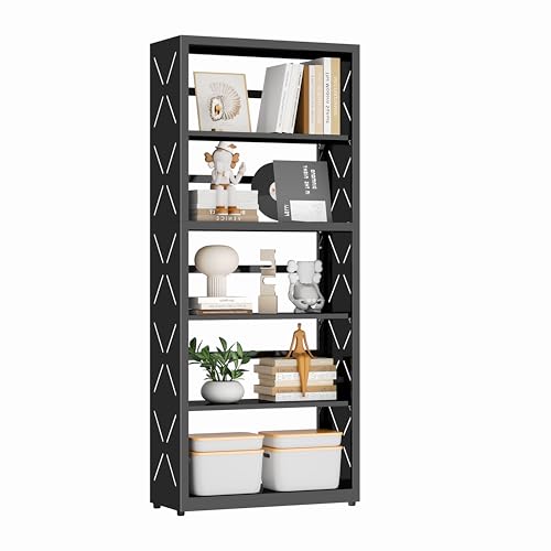 Polup Bookshelf, 5 Tier Metal Bookcase with Adjustable Shelves, Tall White Book Shelf with Bookends, Black Display Shelves for Living Room, Home Office, Library - color: Black, size: 5 Tier-23" W