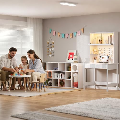 Lvifur 31.5" Small Study Desk with - Glass Doors,Computer Desk w/Charging Station and LED Reading Lights,Compact Writing Desk with Drawers,Writing Home Office Desks for Small Spaces Bedroom,White - color: White-a