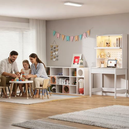 Lvifur 31.5" Small Study Desk with - Glass Doors,Computer Desk w/Charging Station and LED Reading Lights,Compact Writing Desk with Drawers,Writing Home Office Desks for Small Spaces Bedroom,White - color: White-a