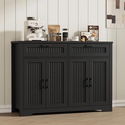 Buffet Cabinet with 2 Storage Drawers, Farmhouse Coffee Bar Table with Storage and Adjustable Shelf, 47.2" Wide Fluted Sideboard Cabinet for Kitchen, Dining Room, Living Room, Entryway, Black - color: Black, size: 2 Drawers + 4 Doors