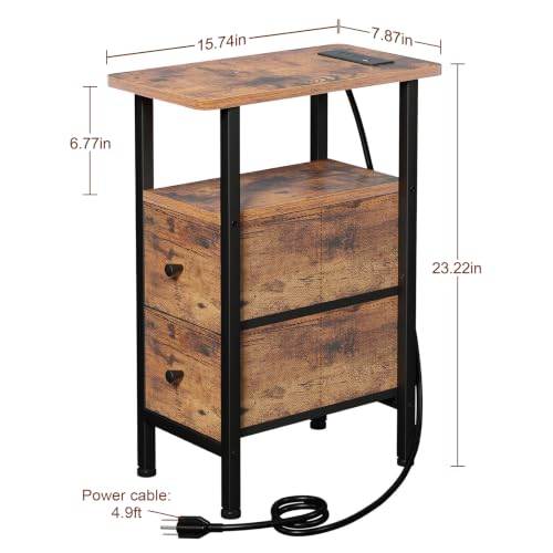 LOAKEKEL Narrow Nightstand with Charging Station, End Tables Living Room | Set of 2, Skinny Side Table with 2 Fabric Drawers, Small Sofa Table with LED Light for Bedroom, Rustic Brown - color: Rustic Brown, style: Power + Light