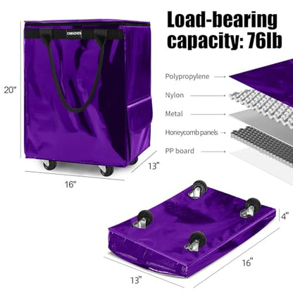 Reusable Grocery Bag Tote Bag with Wheels, Foldable Rolling Tote Bag with 3 Handles and Zipper - color: Purple, size: Medium