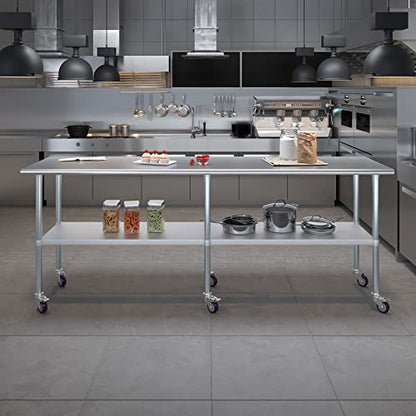 AmGood 96" Long x 24" Deep Stainless Steel Table with Casters - size: 96" Long x 24" Deep