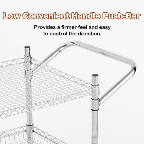 TrailBlaze Kitchen Utility Cart, 3-Tier Wire Rolling Utility Cart, Stainless Steel Service Cart w/Wheels and Adjustable Storage Rack Handle - for Laundry, Garage, Bathroom - Low Handle - size: 3-Tiers low handle