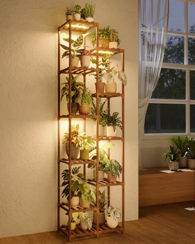 Bamworld Plant Stand with Grow Lights Indoor Outdoor 11 Tier Tall Large Wood Plant Shelf Multi Tier Flower Stands Garden Shelves Wooden Plant Display Holder Rack for Living Room Corner - color: Brown, size: 11 Tiers - Pro