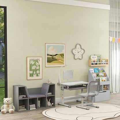 HOMCOM 6-Cubby Kids Bookcase with Reading Nook and Cushion, Multi-Purpose Storage Organizer for Bedroom, Living Room, Grey - color: Grey