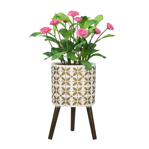 10 Inch Planter with Stand, Modern Plants Pot for Indoor Plants with Legs, Large Planter Pot with Drainage Holes for Outdoor,White/Gold - color: White Gold, size: 10 Inch