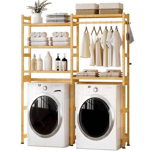 Cozivolife Over The Washer and Dryer Storage Shelf Bamboo,5 Tiers Laundry Room Drying Rack with Adjustable Shelves and 4 Hooks,Space Saver Organizer for Hanging Clothes and Towels (Natural) - color: Natural