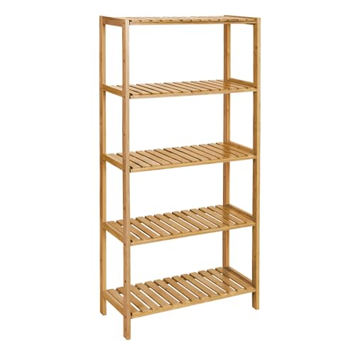 SONGMICS Bamboo Storage Shelf, 5-Tier Shelving Unit, Multifunctional, in The Entryway, Bathroom, Living Room, Balcony, Kitchen, 10.2 x 23.6 x 51.2 Inches, Light Bamboo UBCB35Y - color: Light Bamboo, size: 5 Tiers (10.2"D x 23.6"W x 51.2"H)