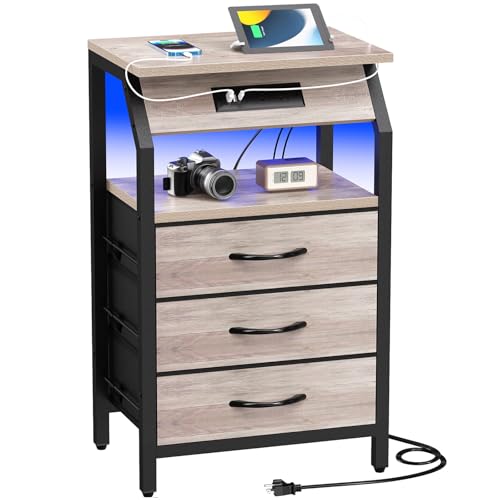 SZLHANJZ End Table with 3 Fabric Drawers, Charging Station and LED Lights | Night Stand, Small Nightstand with Large Fabric Drawers Storage, Side Table for Bedside, Living Room, Dorm, Greige - color: Greige, size: 3 Drawers - Single