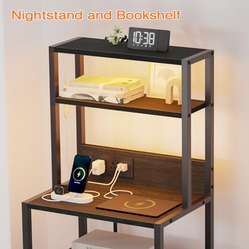 Furnulem Night Stand, Tall Nightstand with 4-Tier Shelves, 2 Fabric Drawers and Led Lights, Bed Side Tables with Charging Station, Bedside Table for Bedroom, Office, Black Oak | 4-Tier Shelves - color: Black Oak, size: 2 Drawer
