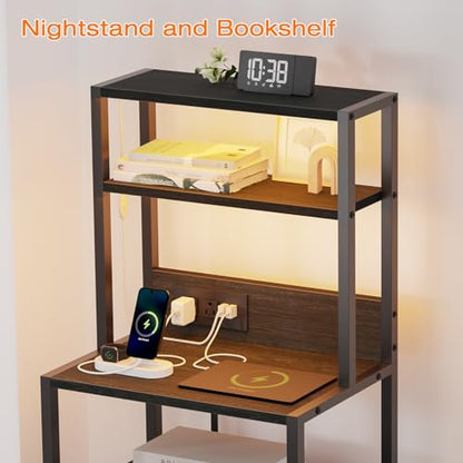 Furnulem Night Stand, Tall Nightstand with 4-Tier Shelves, 2 Fabric Drawers and Led Lights, Bed Side Tables with Charging Station, Bedside Table for Bedroom, Office, Black Oak | 4-Tier Shelves - color: Black Oak, size: 2 Drawer