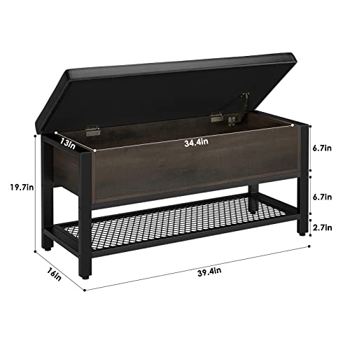 HOSTACK 40" W Storage Bench, Entryway Shoe Bench with Cushion, Dark Brown | Wood Metal Bench with Flip-Open Hidden Storage, Ottoman Bench with Padded Seat & Shoe Rack for Hallway, Bedroom, Living Room - color: Dark Brown