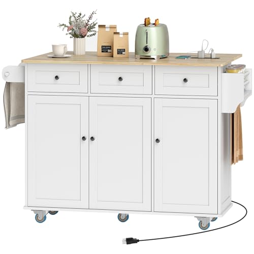 HOMCOM Kitchen Island with Drop Leaf and Power Outlet, Rolling Cart with Storage Cabinets, Solid Wood Island Table on Wheels for Kitchen with 3 Drawers, Towel Bars, Spice Rack, White - color: White