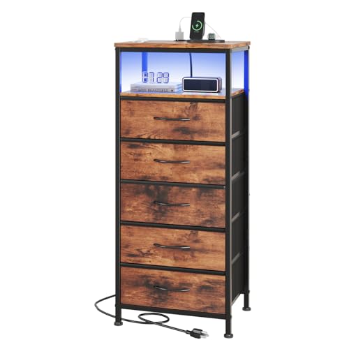 OLIXIS Nightstand with Charging Station, 5-Drawer Bedside Table with USB Ports & Type-C, Bedroom Night Stand with Fabric Drawers and Open Shelf, Tall Narrow End Table for Small Bedroom, Rustic Brown - color: Rustic Brown, size: 15.7"Dx11.8"Wx39.4"H(5-Draw