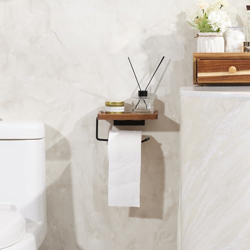 Yangbaga Toilet Paper Holder with Shelf: Wall Mount Bathroom Tissue Roll Storage with Adhesive& Screw, Matte Black Aluminum Alloy Bathroom Accessories Wood Shelf for Phone Wipes