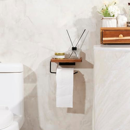 Yangbaga Toilet Paper Holder with Shelf: Wall Mount Bathroom Tissue Roll Storage with Adhesive& Screw, Matte Black Aluminum Alloy Bathroom Accessories Wood Shelf for Phone Wipes