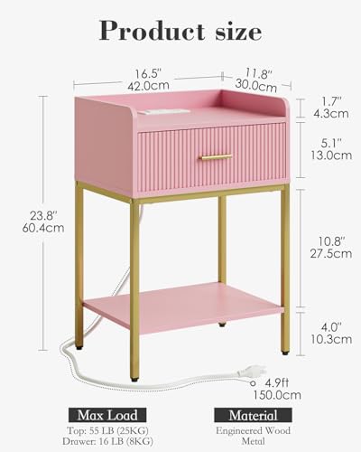 Nightstand with Charging Station, 3-Tier Bed Side Table, Small End Table, Night Stand with Open Shelf and Drawer, Bedside Table for Bedroom, Living Room, Pink - color: Pink, style: With Charging Station