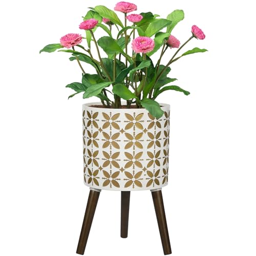 nacltlo12 Inch Planter with Stand, Plant Stand Indoor, Plant pots, Modern Mid-Century,Large Flower Planter Pot with Drainage Holes for Outdoor,White and xGold - color: White Gold, size: 12 Inch