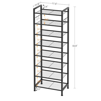 8 Tiers Narrow Shoe Rack 16-24 Pairs, Sturdy Metal Tall Shoe Rack with 4 Hooks, Slim Shoe Storage Organizer with Metal Shelf, Space Saving Vertical Shoe Shelf for Entryway, Closets, Black - color: Black
