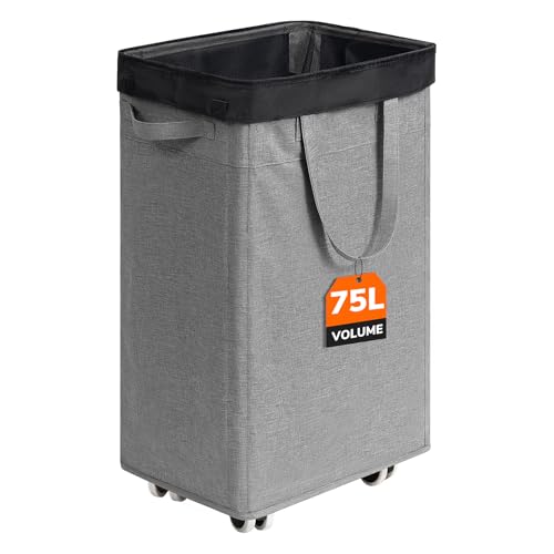 CHICVITA 75L Slim Laundry Basket with Wheels & Wash Bag, Light Grey | Removable wash bag, space-saving slim design for bedroom and college dorm. Rolling clothes hamper - color: Light Grey, size: 75L (15.7"L x 11.8"W x 24.8"H)