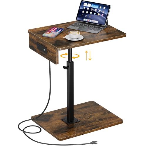 C Shaped End Table with Charging Station, Adjustable Height C Table End Table, 360°Swivel TV Tray Table for Small Spaces, Rounded Corners Couch Table, Side Tables Living Room for Sofa,Chair,Snack,Bed - color: Rustic Brown