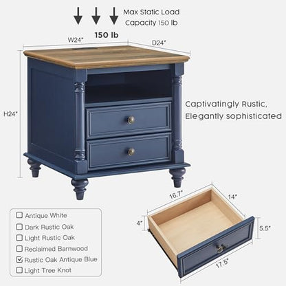 T4TREAM 24" Farmhouse Nightstands with 2 Drawers, Rustic Oak Antique Blue | 4 Solid Wood Feet, Charging Station, Tall Rustic Wood Square, Sofa Side Table, Living Room, Bedroom - color: Rustic Oak Antique Blue